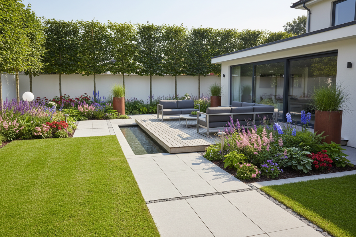 a beautiful and modern garden landscape for a mid-sided home in the uk