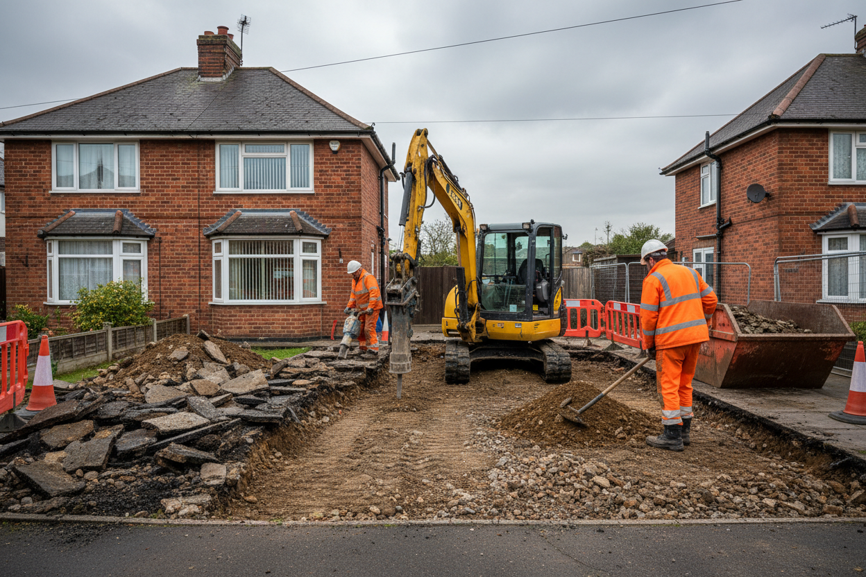 driveway being dug up in the uk outside a home (preparing for the relaying of a tarmac driveway)