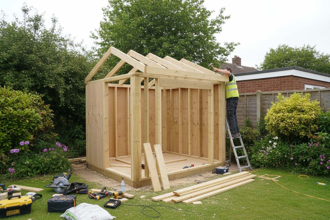 in-construction of a small uk building in a garden (known as a garden-bar)