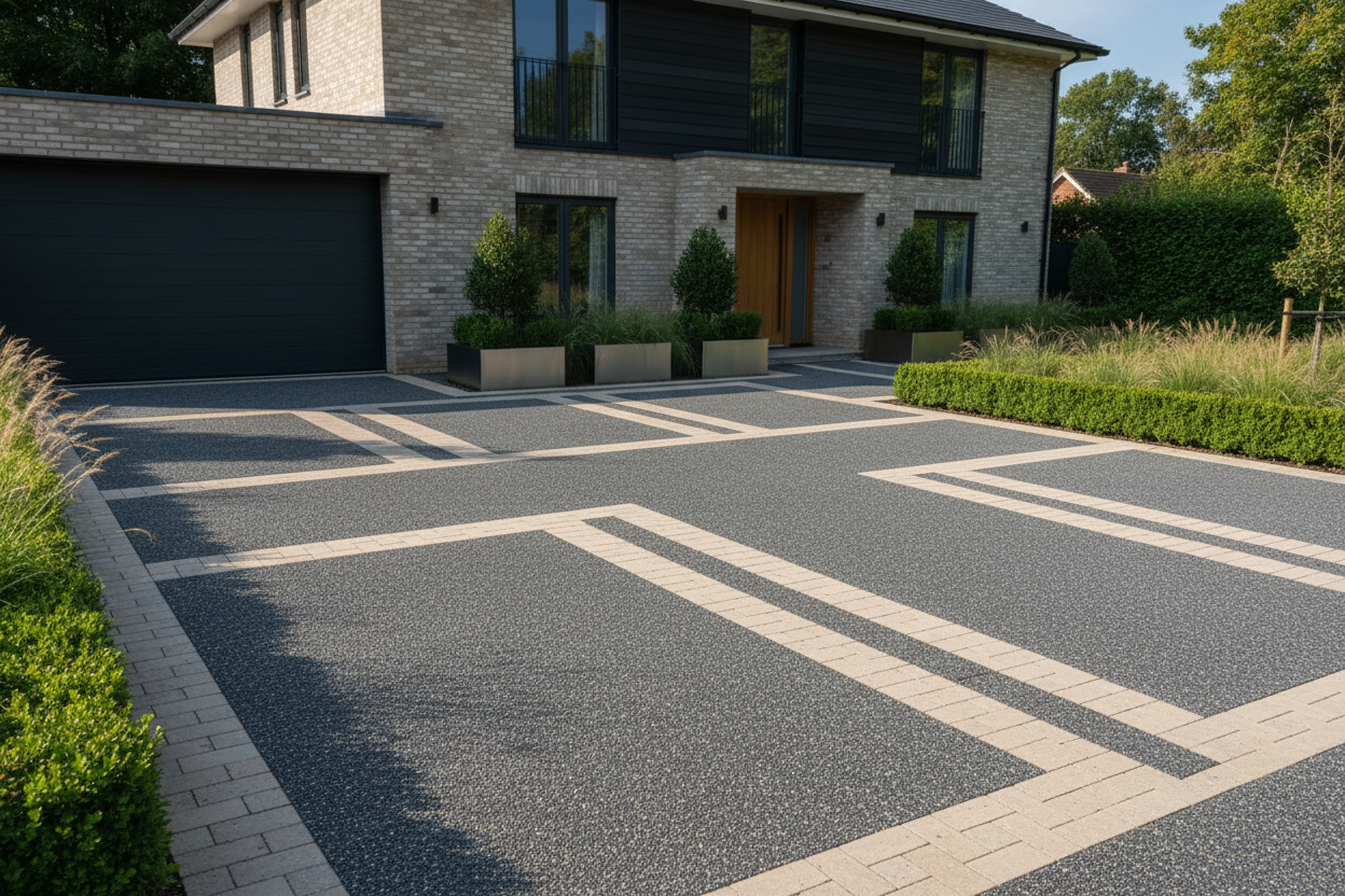 uk modern drive way 1080p 4k quality landscape. focus on the driveway and ensure it looks realistic asif it's been taken through the lens of a 8k HDD camera 